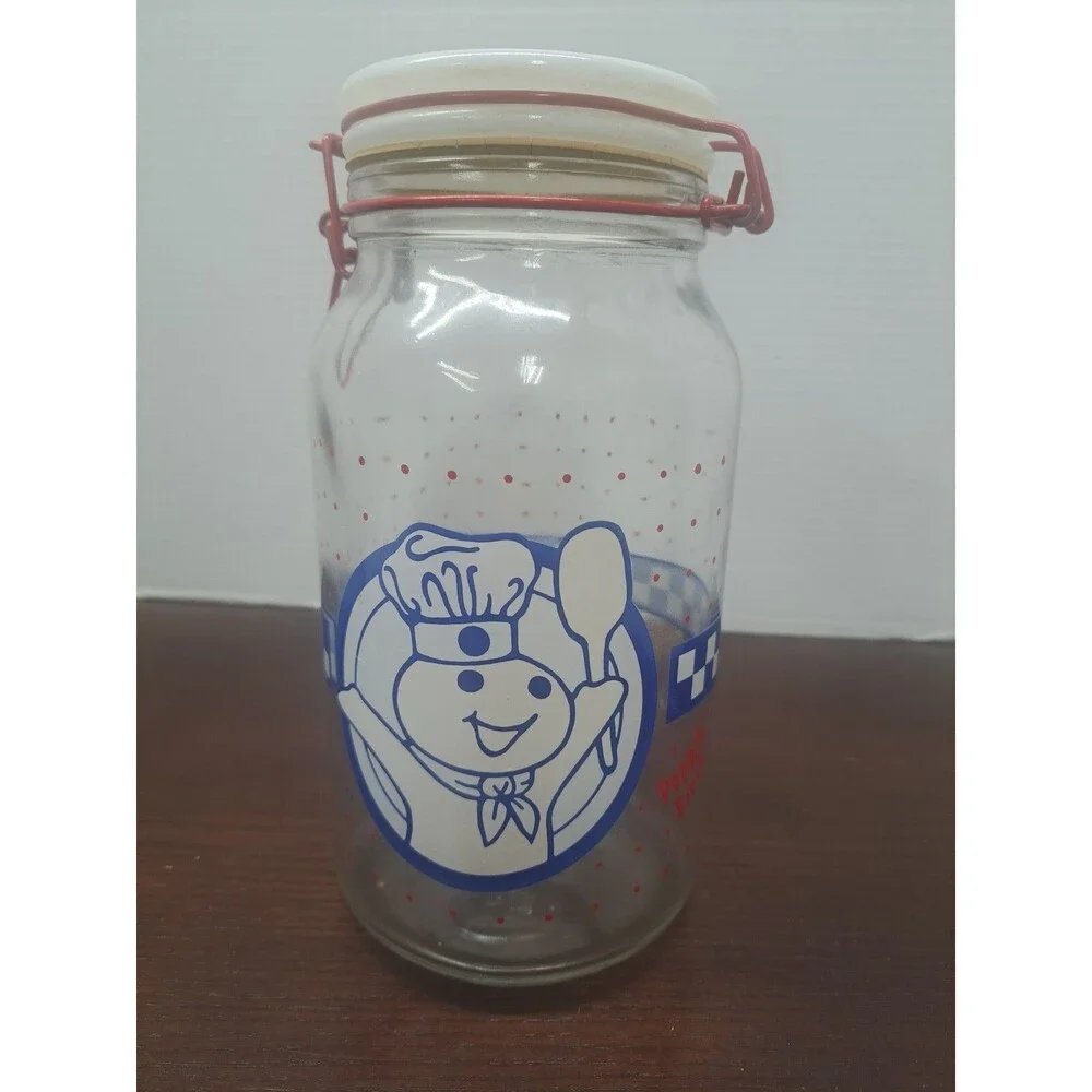 Pillsbury Dough Boy Glass Cookie Jar With Spring Closure Lid